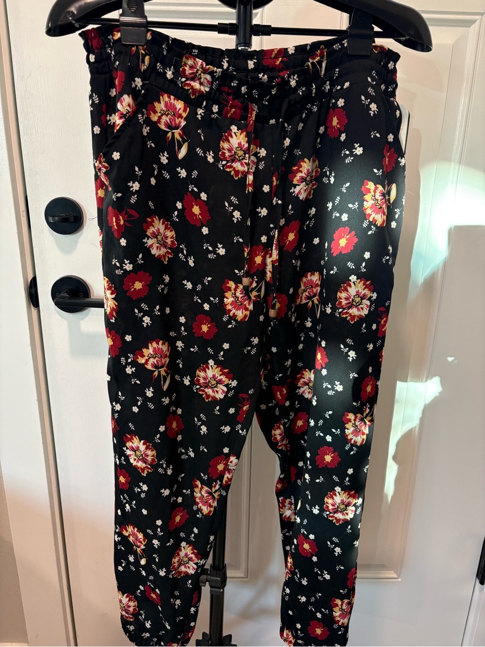 Rewind Black Floral Drawstring Pants with Red and Cream Blooms